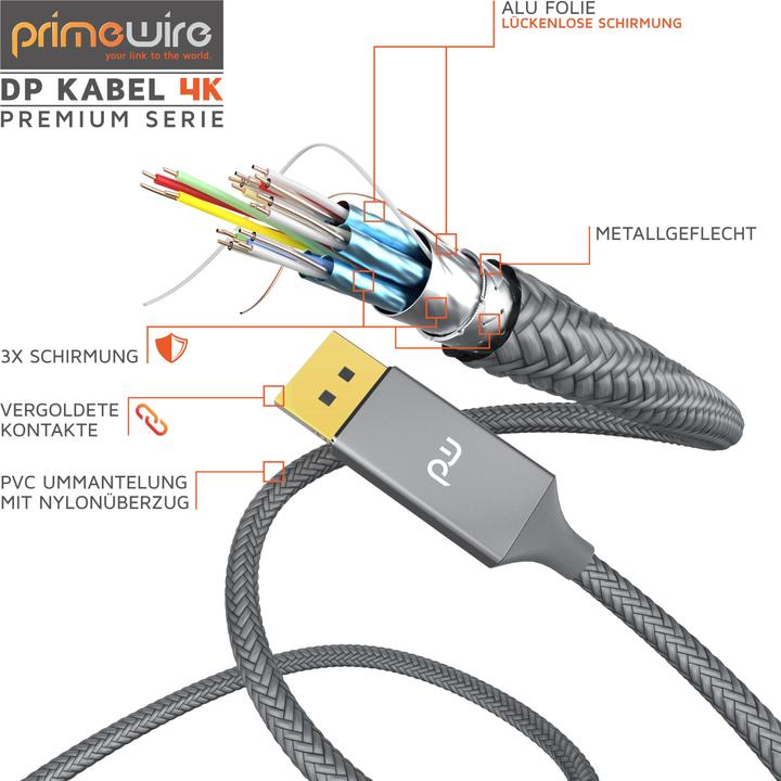 Produktbild Primewire DisplayPort Kabel, DP 1.2, Verbindungskabel 4K 3840 x 2160 @ 60 Hz / 2K @ 120Hz für Monitor (5 m, DisplayPort)