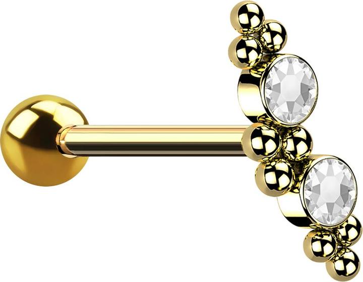 Star Piercing Micro Barbell vergoldet mit Kugel zwei Kristallen dunkel multicolor und Kugeln (ohne Messing, Chirurgenstahl 316L)