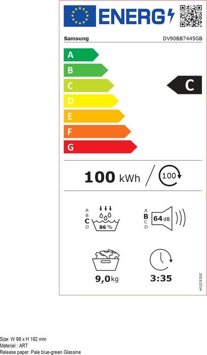 Label énergétique Samsung DV7400 (9 kg, Droite)