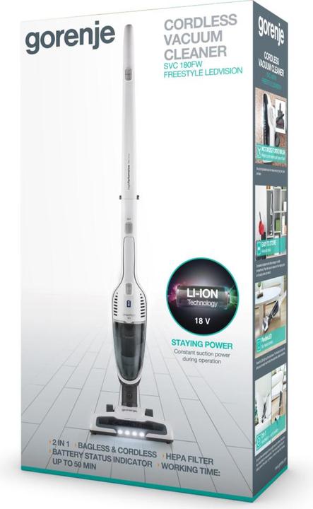Actual product image Gorenje SVC180FW Vacuum cleaner, Handstick 2in1, Operating time 50 min, Dust container 0.6 L, Chargi