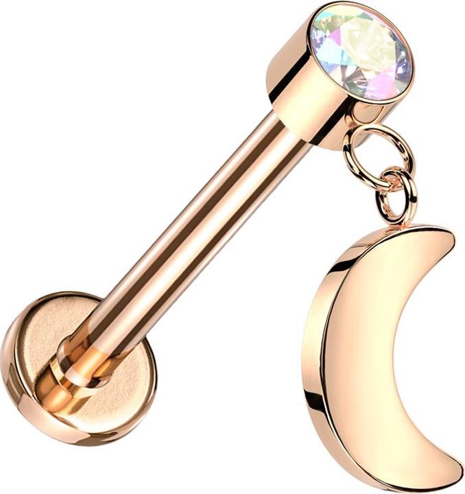 Star Piercing Micro Threadless Labret rosegold Zylinder rosegold Kristall multicolor Anhänger Mond rosegold (Titan G23, ohne Messing)