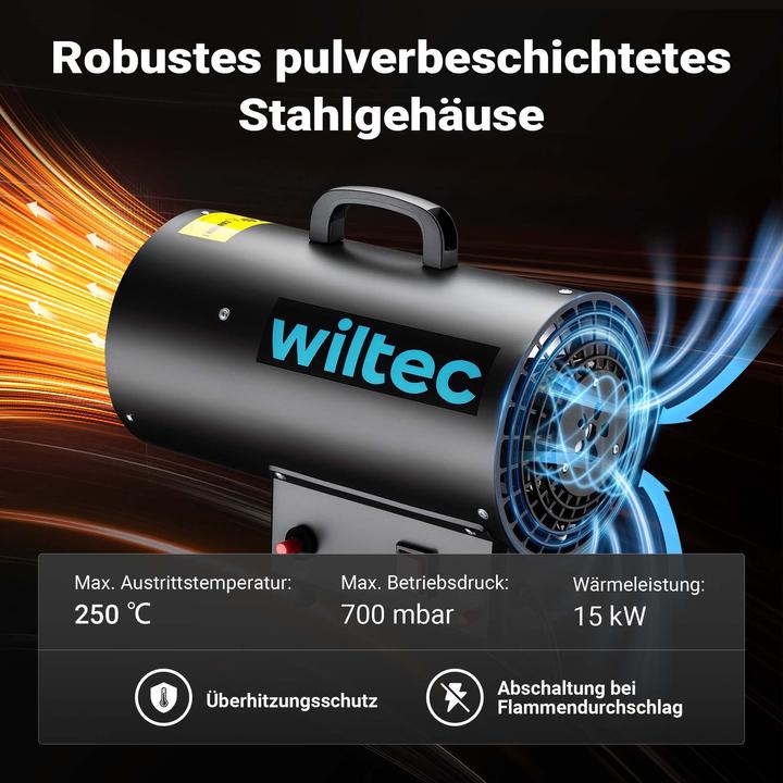 Produktbild Wiltec Gasheizgebläse 15kW Heizkanone 30W Gasdruckminderer Spanien 700mbar (15000 W)