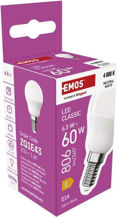 Immagine prodotto Emos Lampada LED Classic Mini Globe / E14 / 6,5 W (60 W) / 806 lm / Bianco neutro (E14, 6.50 W, 806 lm, 1 x, E)