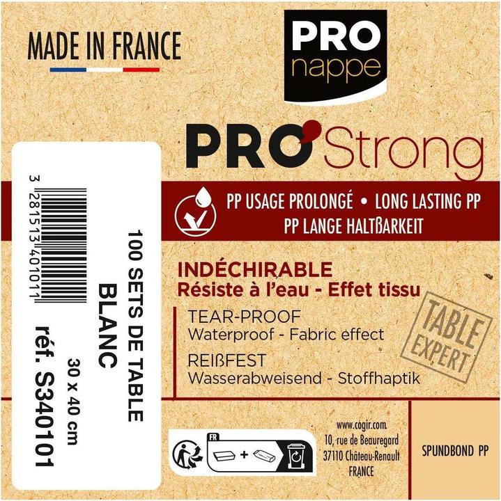 Valeurs nutritives et ingrédients PROnappe Set de table jetable Spunbond, 400 x 300 mm, blanc (30 x 40 cm)