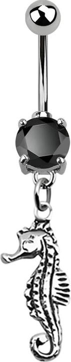 Star Piercing Banane silber mit Anhänger Seepferdchen schwarz (ohne Messing, 925 Sterlingsilber, Chirurgenstahl 316L)