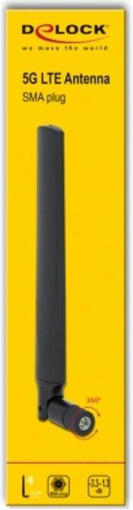 Produktbild Delock 5G/LTE-Antenne SMA, 2,3dBi schwarz, Kippgelenk (Lora, AM / FM, DVB-T, DVB-T2, 5G, GSM, UHF, VHF, 2G, GPS, DAB+)