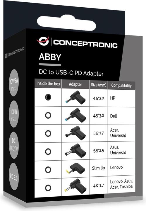 Productafbeelding Conceptronic Adapter USB-C -> DC, HP 4,5x3,0mm 18-20V sw