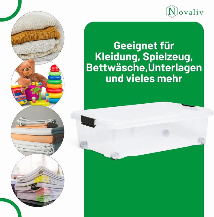 Produktbild Novaliv Unterbett Aufbewahrungsbox mit Rollen Deckel 28L transparente Nestbar stapelbare Clipverschl (28 l)