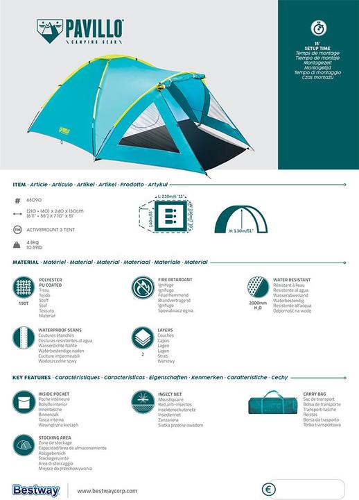 Actual product image Bestway Pavillo Active Mount 4 tent (Dome tent, 4.80 kg, 3 persons)
