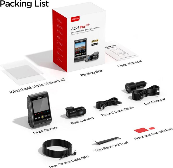 Actual product image Viofo A229 Plus 2CH - Dual dashcam (Built-in display, Bluetooth, Wi-Fi, Night vision, GPS receiver, Built-in microphone, 2K)