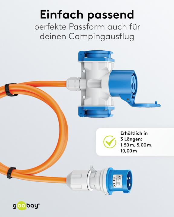 Produktbild Goobay CEE-Adapterleitung, CEE-Stecker auf 1x CEE-Kupplung und 2x Schutzkontakt-Kupplung, 1,5 m (CEE 7/7)