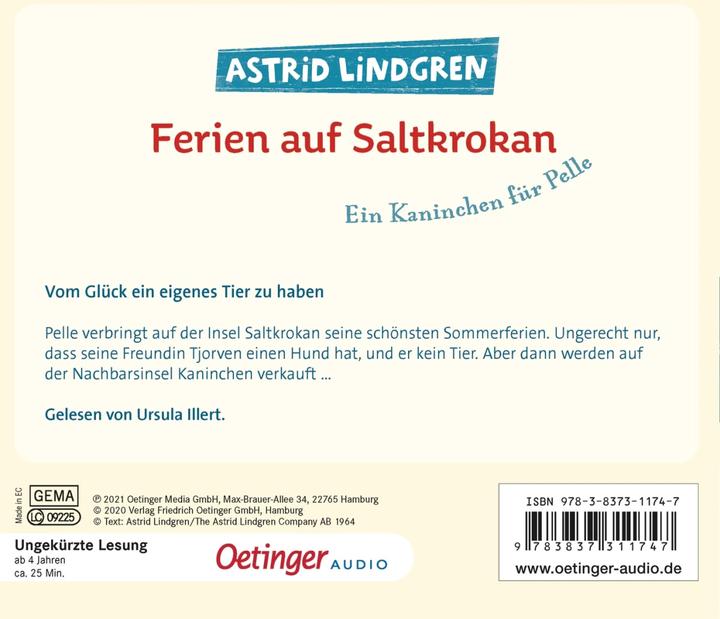 Actual product image Vacations on Saltkråkan. A rabbit for Pelle (Astrid Lindgren, Maria Nilsson Thore, Ursula Illert, Frank Gustavus, German)