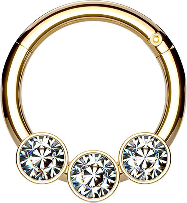 Star Piercing Micro Segmentring klappbar vergoldet drei Kugeln Kristalle silber (Chirurgenstahl 316L, ohne Messing)