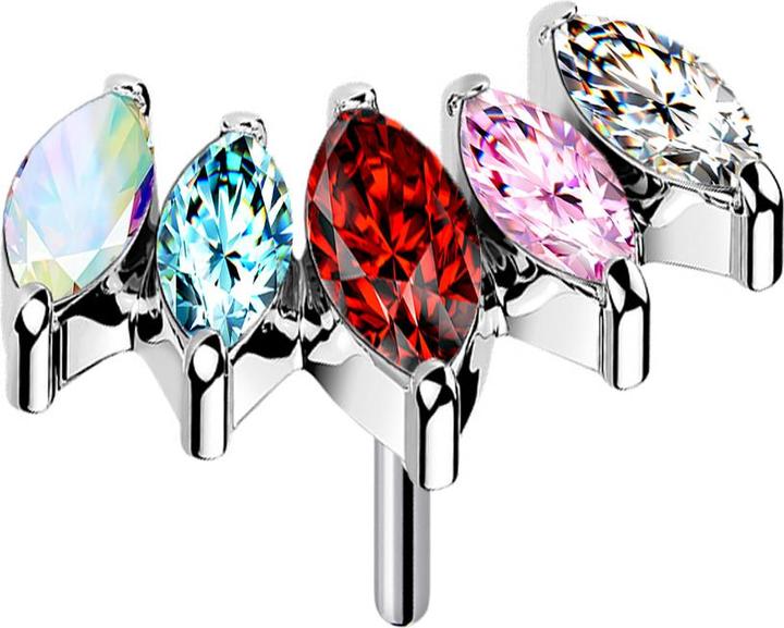 Star Piercing Threadless Fächer silber mit fünf Kristalle farbig (ohne Messing, Titan G23)