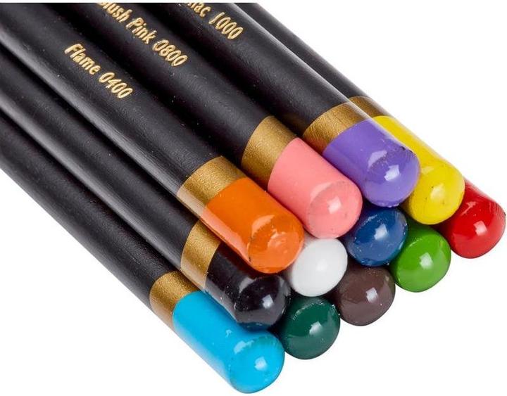 Actual product image Derwent Chromaflow coloured pencils (Blush Pink, Fleming, Natural Brown, Scarlet, grass green, Denim, Sun Yellow, Blue, Basil, Black, Lilac, White, 12 x)