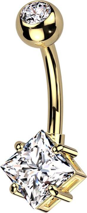 Star Piercing Banane vergoldet mit Kugel vergoldet Kristall silber und grossem quadratischem Kristall silber (Messing, Titan G23)