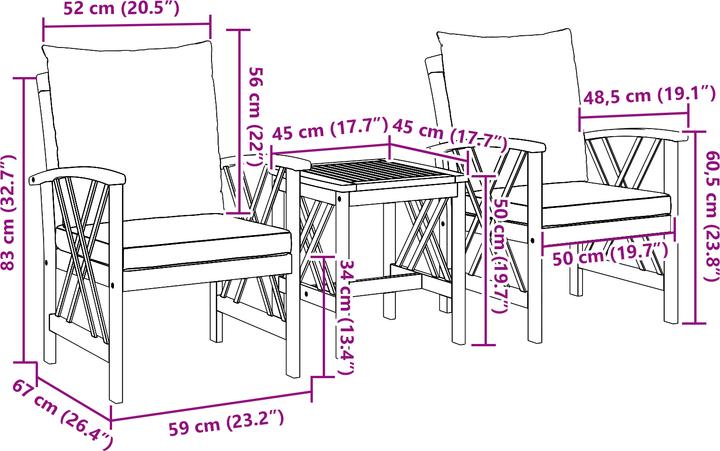 Produktbild VidaXL 3-teiliges Garten-Lounge-Set mit Kissen aus solidem Akazienholz (59 cm)