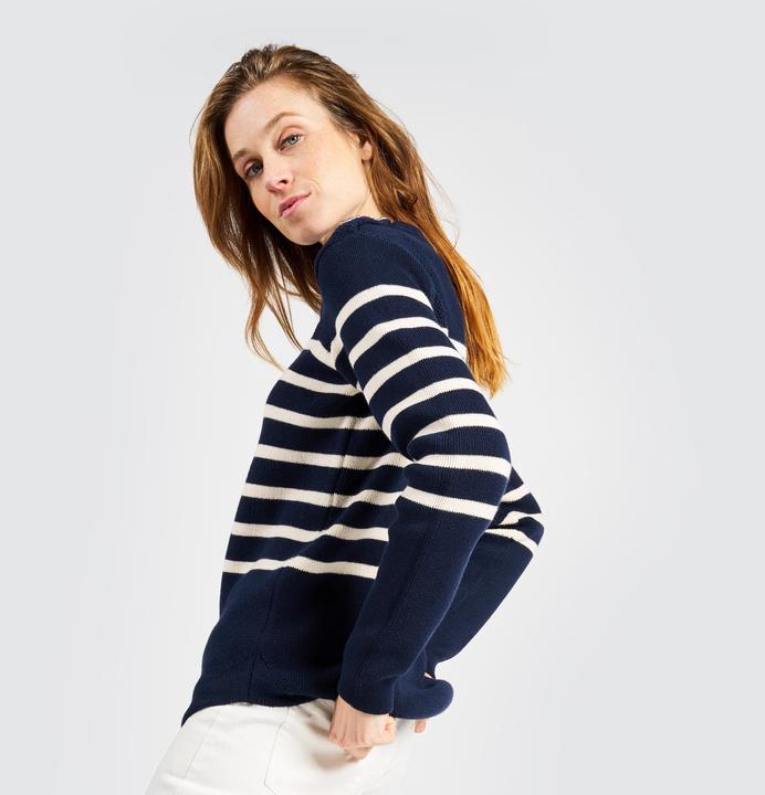 Actual product image Tribord Women's knitted sailing pullover, 100 navy blue with beige stripes (XS)