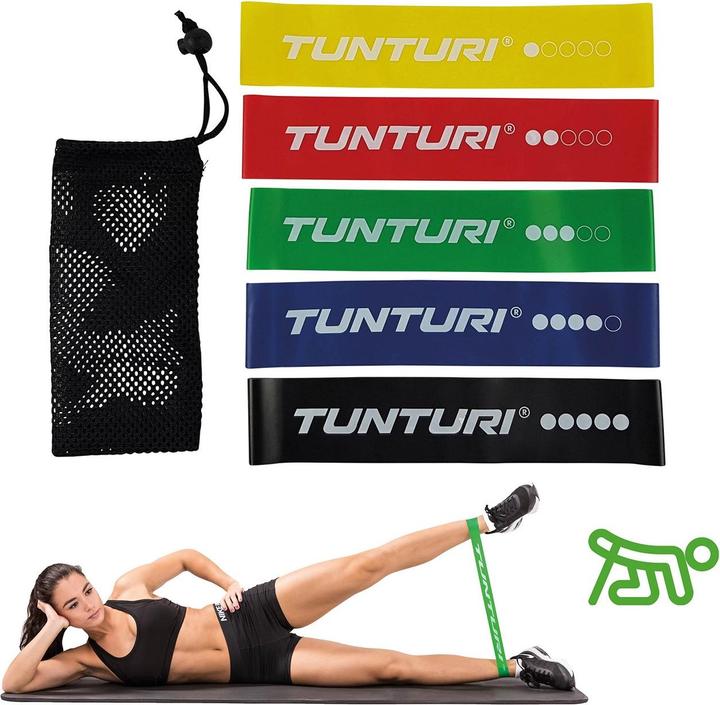 Image du produit Tunturi Mini Resistance Band Set 5 Stück - 5 Gummi Gymnastikbänder mit Netztasche (0.50 m, Extra Léger, Léger, Moyen, Fort, Extra fort)