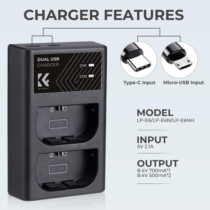 Actual product image K&F Concept LPE6NH Digital Camera LED Dual Channel Charger with Type C Charging Cable (Camera battery charger)