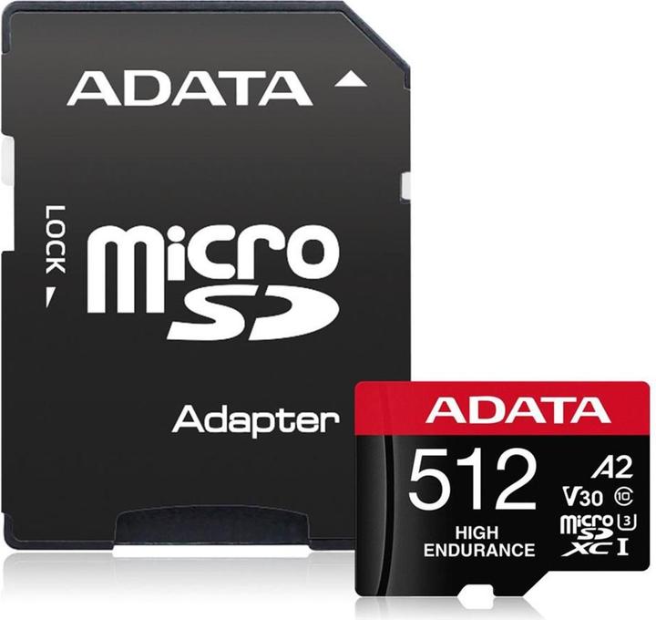 Adata High Endurance 512 GB microSDXC (UHS-I U3, Class 10, V30, A2) (512 GB, microSDXC, U3, UHS-I)