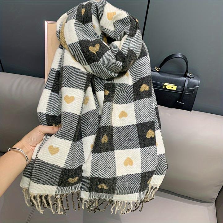 Immagine prodotto Only-Bags.Store Sciarpa con motivo a cuore su entrambi i lati, avvolgicollo invernale a quadri, sciarpa accogliente