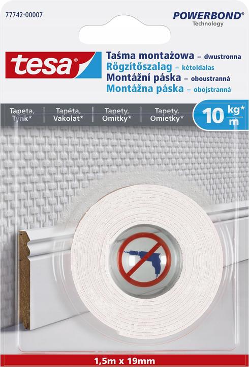Produktbild tesa 77742–00002–00 SMS Permanent Doppelseitiges Montage-Klebeband für strukturierte Oberflächen, We (19 mm)