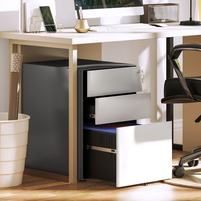 Immagine prodotto Swisshandel24 Rollcontainer, mobiler Aktenschrank mit 3 Schubladen, abschliessbar, 39x48x59cm, weiss+grau (39 x 48 x 59 cm)