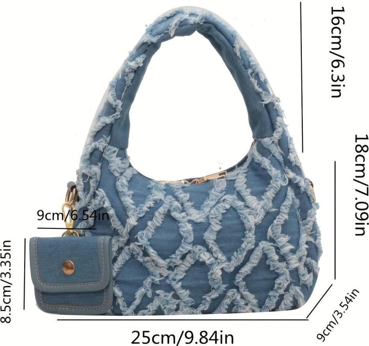Only-Bags.Store Umhängetasche aus Denim mit Rautenmuster und Fransendetail - Stylische Halbmond-Achselhöhlentasche