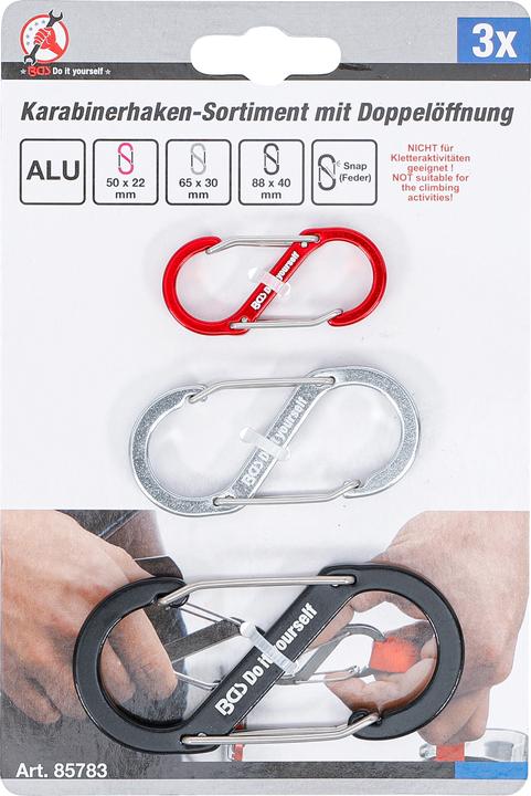 Produktbild BGS Karabinerhaken-Sortiment mit Doppelöffnung Aluminium 3-tlg.