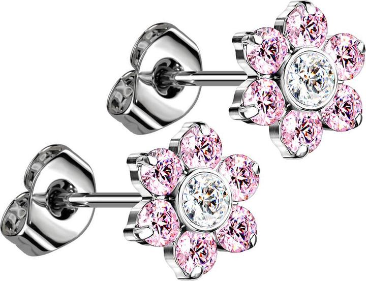 Star Piercing Threadless Ohrstecker silber Blume Kristalle pink (ohne Messing, Titan G23)