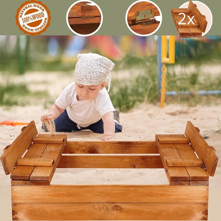 Actual product image Milkii Sandkasten für Kinder aus Holz mit Abdeckung / Sitzbänke, 98 x 98 cm