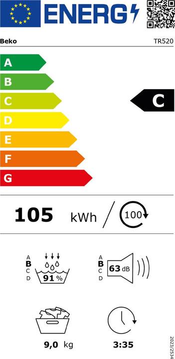 Label énergétique Beko TR520 (9 kg, Droite)