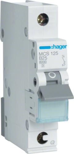 Actual product image Hager MCS125. Rated current: 25 A. Type: C-type, Module quantity (max): 1 module(s). Width: 17.5 mm