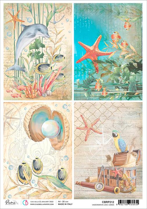 Actual product image Ciao Bella Motif straw silk "Underwater world maps", approx. 30 x 21.5 cm (28 g/m², 1 x)