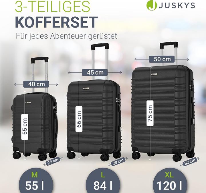 Produktbild Juskys 3-teiliges Hartschalenkoffer-Set mit 360° Rollen (120 l, M (50 - 90l), XL (ab 115l))