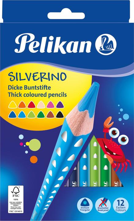 Actual product image Pelikan Crayons triangular Silverino (Orange, Yellow, Skin colour, Violet, Dark green, Pink, Black, Red, Light green, Brown, Dark Blue, Light blue, 12 x)