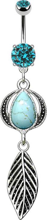 Star Piercing Banane silber mit Anhänger Blatt und türkis Stein (Mineralisch, ohne Messing, Chirurgenstahl 316L)