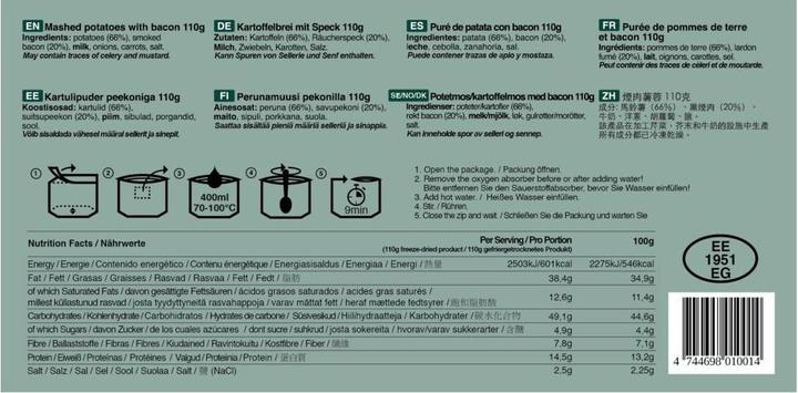 Nährwerte und Zutaten Tactical Foodpack Mashed Potatoes and Bacon (110 g)