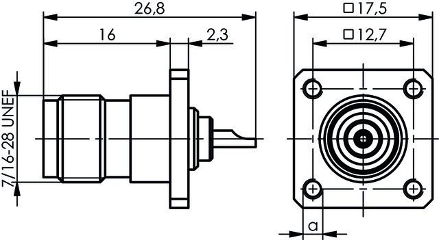 Produktbild Telegärtner TNC-Einbaubuchse mit Flansch 50 Ohm, löt, Z05, a=3-56"=M2.5 (Antennenkabel)