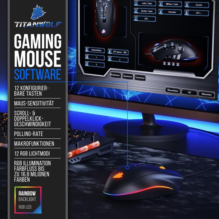 Produktbild Titanwolf Gaming Maus kabelgebunden, Gaming Mouse mit 24000 dpi & Gewichtstuning, 12 Tasten. Avago Sensor (Kabelgebunden)