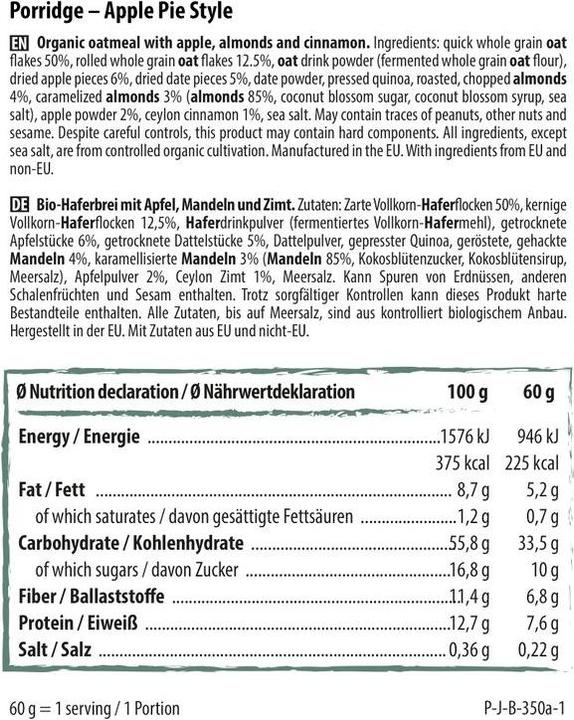 Nutritional values and ingredients Naturally Pam Organic Porridge Apple Pie Style (350 g)