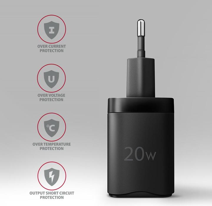 Image du produit Axagon ACU-PD20, chargeur pour prise murale 20W, 1x port USB-C, PD3.0/PPS/QC4+/AFC/Apple, noir (20 W)