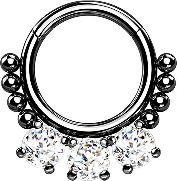 Star Piercing Micro Segmentring klappbar schwarz Kugeln und drei Kristalle (Chirurgenstahl 316L, ohne Messing)