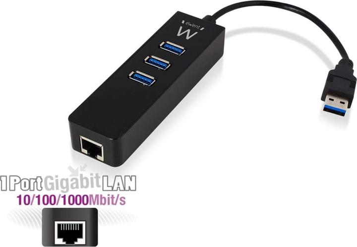 Actual product image Ewent 3-port USB 3.1 hub with Gigabit networking (USB-C, 3 Ports)