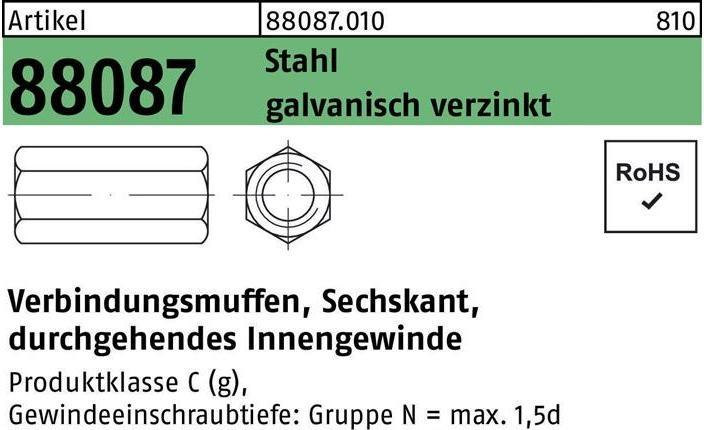 Actual product image Hexagonal connection sleeve R 88087 M 12 x 50 SW19 through.IT Steel gal Zn (M12)