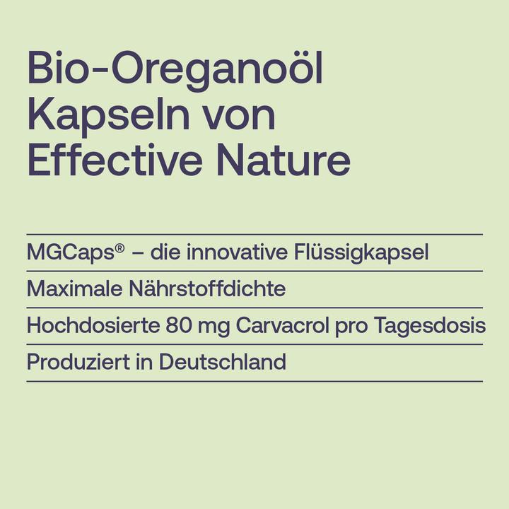 Nährwerte und Zutaten Effective Nature Bio Oregano Öl (60 Stück, Kapseln, 30 g)