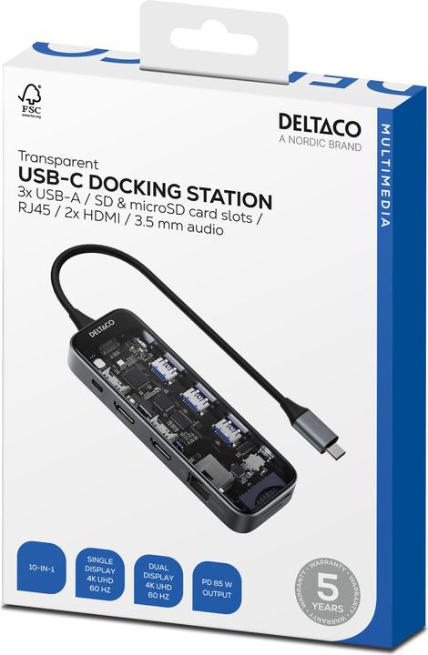 Produktbild Deltaco USB-C Dockingstation 3xUSB/SD/microSD/2xHDMI/RJ45 (USB-C, 10 Ports)
