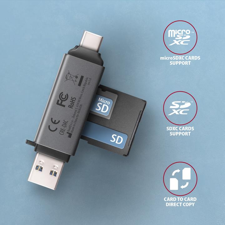 Actual product image Axagon CRE-DAC External USB 3.2 Gen1 Type-C+Type-A 2-slot SD/microSD (USB 3.0)