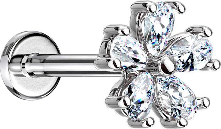 Star Piercing Micro Labret Innengewinde silber Blume mit Kristalltropfen (Chirurgenstahl 316L, Messing)